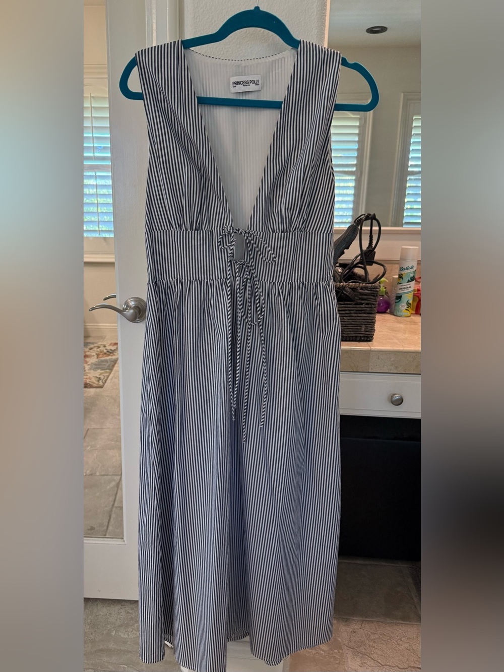 Princess Polly Navy and White Striped V-Neck Tie-Front Maxi Dress